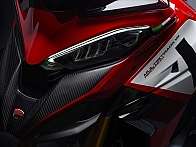 Detail view of a Ducati Multistrada V4 motorcycle with a sleek design.